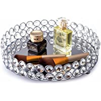 Feyarl Bandeja decorativa redonda con perlas de cristal y superficie espejada- para cosméticos- organizador de joyas…